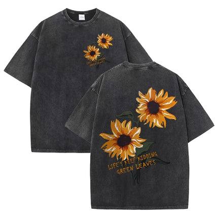 Lift Is Good Beautiful Sunflower Print Washed T-Shirts Women Soft Cotton T-Shirt Street Creative Short Sleeve Summer Casual Tops