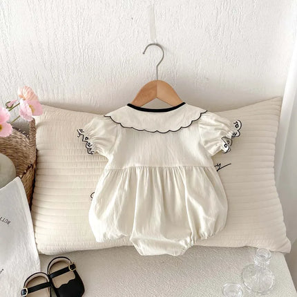 Baby Summer Embroidered Lapel Short Sleeve Triangle Jumpsuit Girl Baby Sweet Cute Jumpsuit with Bow for Summer Toddlers and Baby