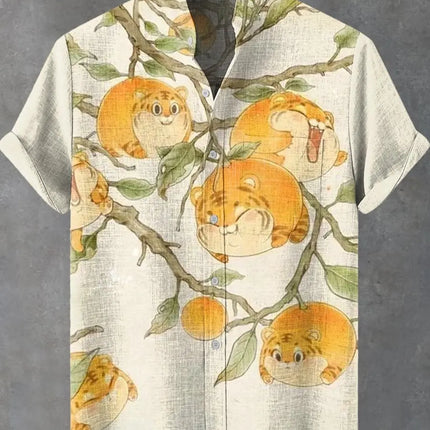 Men's summer fashion linen short sleeved shirt with cartoon cute cat print pattern casual men's top