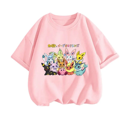2026 Summer Pokemon Eeveelutions & Kirby Group Print T-Shirt, 100% Cotton Loose Casual Oversized Tee for Adults & Kids Y2k