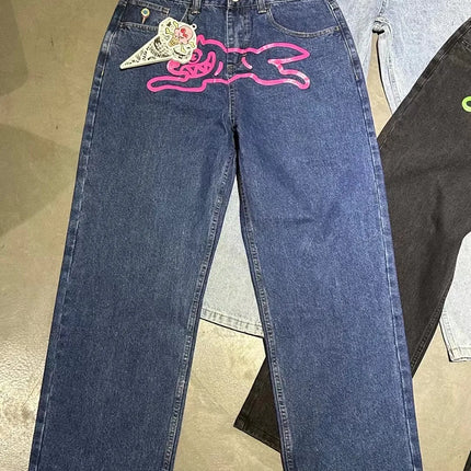 2026 Classic Printed Men Straight Denim Pants Loose Fit YKK Zipper Casual Denim Jeans Pants Trousers