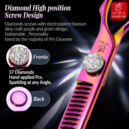 Fenice 7.25 Inch Professional Diamonds Screw Curved Chunker Scissors Pet Grooming Shears JP440C Thinner Shears for Dogs