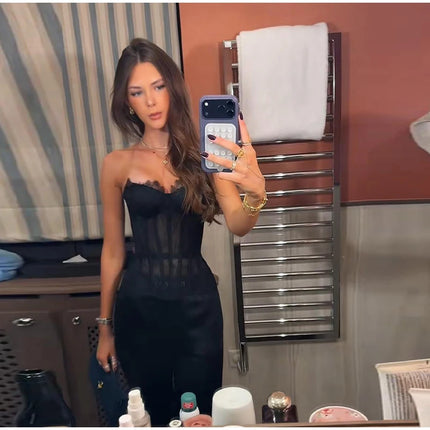 Sexy Women's Lace Fishbone Bandage Vest Slim Strapless Backless Female Corset 2026 Spring Summer Lady Chic Beach Party Tops