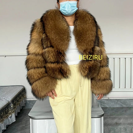 BEIZIRU Women's Real Raccoon Fur Coat Winter Long Sleeve Hooded Jacket with Turndown Collar Natural Luxury Thick Top