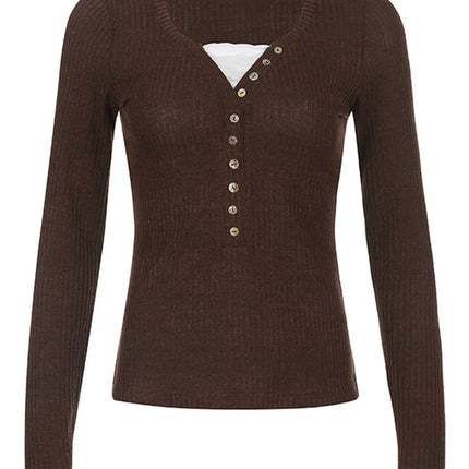 Women Button Front Knit Tops Long Sleeve Lace Patchwork Slim Fit Sweater Fall Fairy Grunge Gothic Y2K Clothes