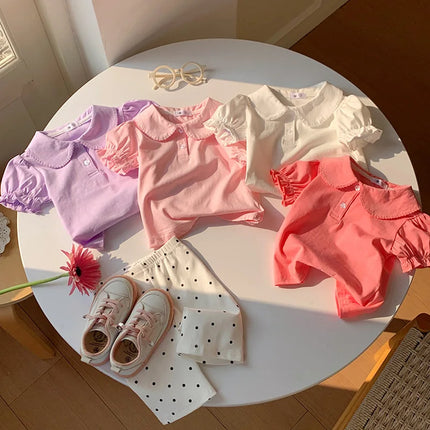 Solid Button Polo Shirt For Girls Cute Children Clothes Casual Short Sleeve T-shirt