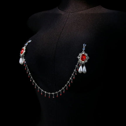Red Tassel Gem Nipple Clamps Erotic Collar Body Chain Chest Restraint BDSM Women's Sexy Body Accessories Fetish Adult Sex Toys