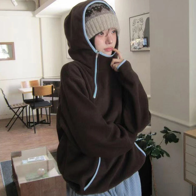 Vintage Streetwear Hoodies Women Long Sleeve Zipper Pocket Y2K Hottie Sweatshirts Korean Autumn Winter Casual Warm Pullovers New
