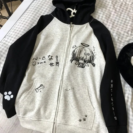 Zip Up Hoodie Cartoon Japanese Grunge Sweatshirt Women Clothing Streetwear Anime Print Jackets Y2k Tops Casual Loose Outerwear