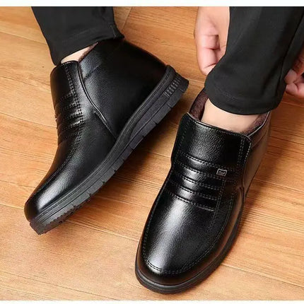 Men's Winter Thickened High-Top Cotton Shoes Warm Fleece Lined Leather Boots Anti-Slip Comfortable for Elderly And Dad