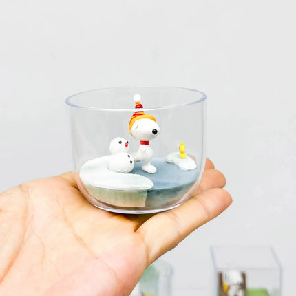 Snoopy Woodstock Happy Time in Terrarium Figures Collect Fishing Surfing Snorkeling Ice Skating Camping Scene Blind Box Toys