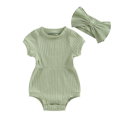 Summer Infant Baby Girls Romper Cotton Baby Jumpsuit Solid Color Short Sleeve Playsuit with Bow Headband Toddler Clothes