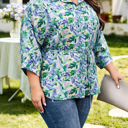 Plus Size Women's Color Leaf Print Shirt Waist-Tie Collared 3/4 Sleeve Loose
