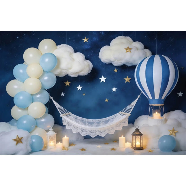 Baby 1st Birthday Decoration Backdrop Blue Color Hot Air Balloon Cloud Newborn Boy Party Baby Shower Backgrounds for Photographs