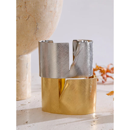 Yhpup 60mm Wire Drawing Polished Metal Cuff Wide Bracelet Bangle Minimalist Statement Stainless Steel Statement Wrist Jewelry