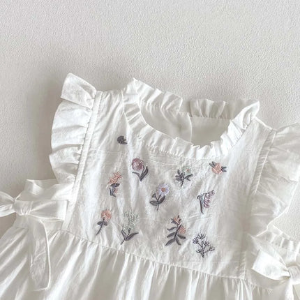 Summer baby girl sweet and cute embroidered floral side bow jumpsuit, baby girl sleeveless thin lace collar jumpsuit, suitable f