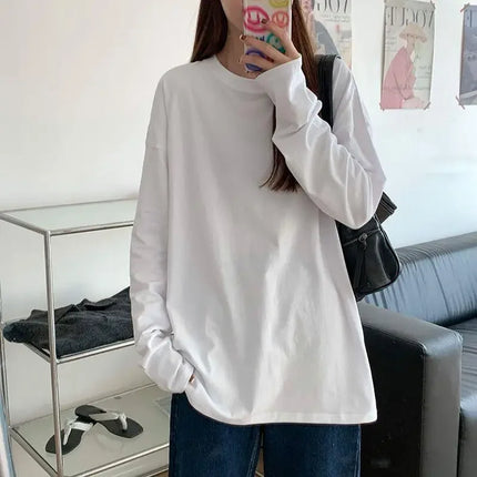 Pure Cotton Long Sleeve White Casual Fashionable Versatile Round Neck Base Layer Top For Spring Autumn/winter Wholesale