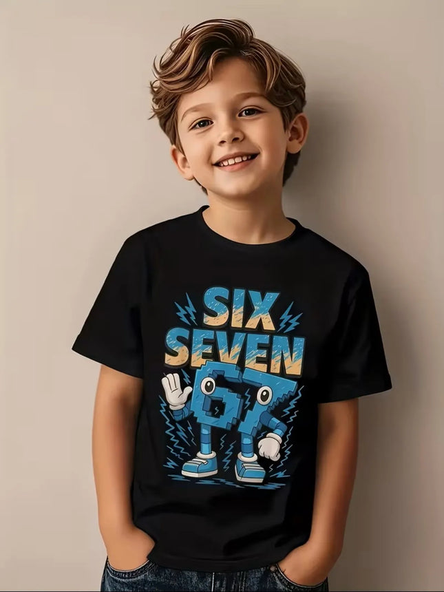 Pure Cotton Children's T-shirt 2026 Summer Number 67 Cartoon Print for Boys and Girls Casual Parent-child Wear Short Sleeved