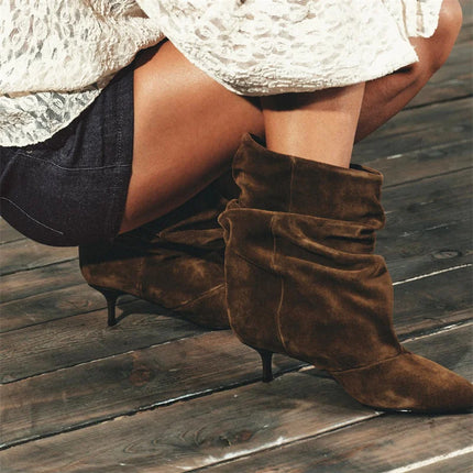 Liyke Brown Retro Elegant Designer Ankle Boots Women Fashion Pleated Suede Autumn Winter Low Thin Heels Party Prom Chelsea Shoes