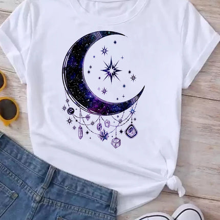 Women Moon Planet Print Fashion Tee Shirts Casual Round Neck Short Sleeve Streetwear Female T-Shirt Vintage Tops