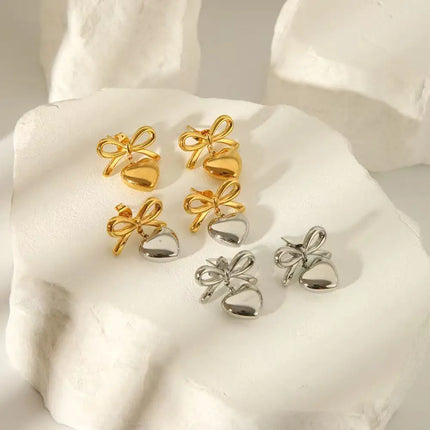 Fashionable elegant waterproof stainless steel bow heart-shaped pendant women's earrings jewelry party wedding 2025 new item