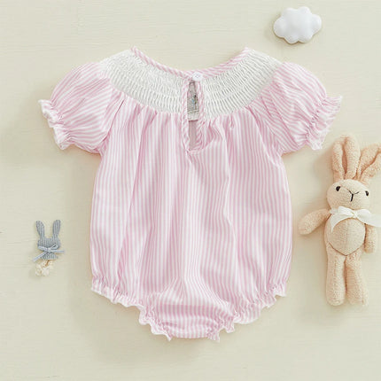 Newborn Infant Baby Girl Bunny Romper Puff Sleeve Rabbit Smocked Striped Bubble Bodysuit My 1st Easter Outfit Summer Clothes