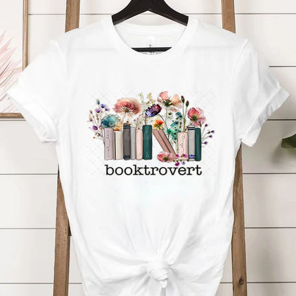 Booktrovert Fashion Casual T-shirts Funny Book Lover Summer Short Sleeve Tee Trendy Vintage Bookish Flower Classic Tops Clothes