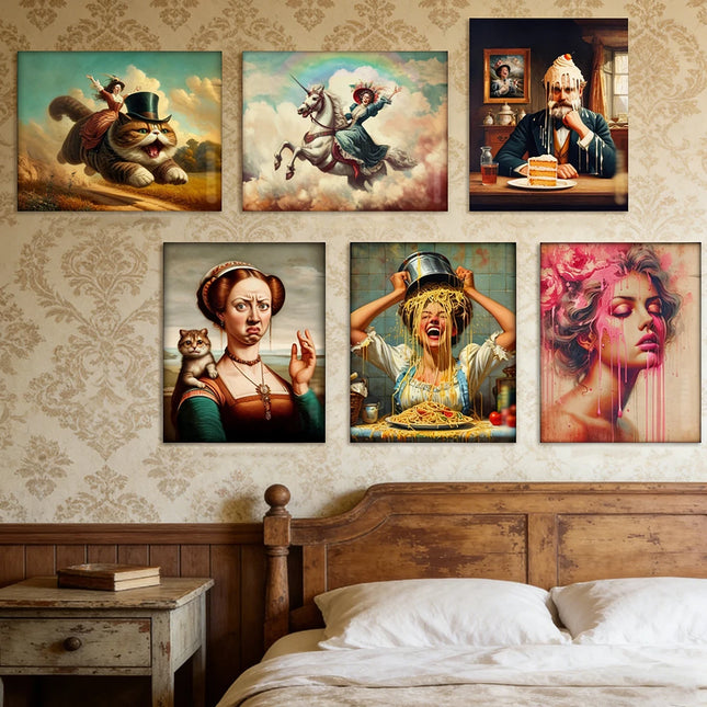 Funny Vintage Surreal Whimsical Animals Canvas Wall Art Shark Pink Flamingo Posters Living Room Bedroom Home Decor Modern Nordic
