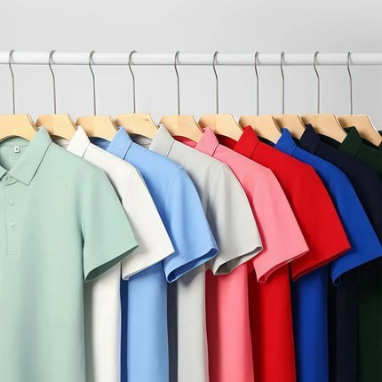 6XL Anti-Wrinkle Pearl Weave Cool Feeling Solid Color Polo Shirt Seamless Collar Four Button Men's T-Shirt Summer Breathable