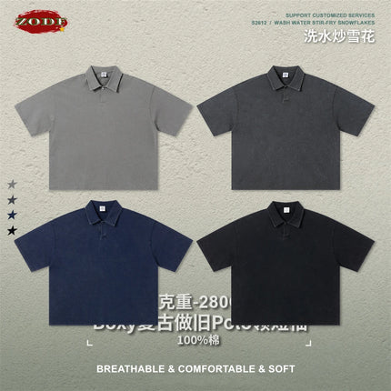 ZODF Retro Summer Boxyfit Man Washed Polo T Shirts Unisex 280gsm Distressed Loose Turn Down Collar Cotton T-Shirt HY1231