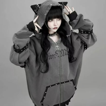 Japanese Kawaii Sweatshirt Long Seleeve Casual Women Subculture Hoodies Rivet Print Coat Cute Sweet Style Chic Women Clothing