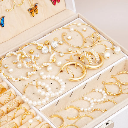Gold Color Metal Jewelry Set For Women With Butterfly Necklaces Imitation Pearl Hoop Earrings Simple Rings No Box Included