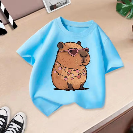 2025 Summer New Cute Animal Kapibala Fashion Printed Children's T-shirt Short Sleeve Fashion Pure Cotton Children's Clothing