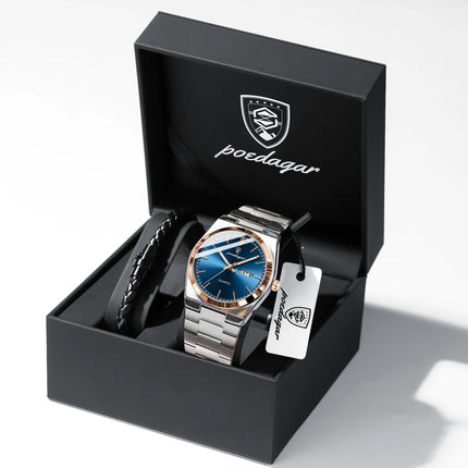 POEDAGAR Fashion Casual Men's Wristwatch Waterproof Luminous Date Week Men's Watches Stainless Steel Quartz Business Men Watch+Box