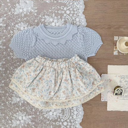 2026 Summer Casual Children Knit Blouse Girls Scalloped Neck Puff Sleeve Openwork Top Soft Lightweight Gentle Tee