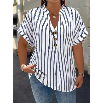 Spring Summer Plus-size Sleeve Shirt V-neck Buttoned Batwing Top Vertical Stripes Slim Fit Women's Autumn and winter innerwear