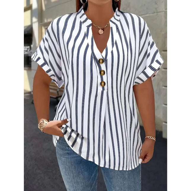 Spring Summer Plus-size Sleeve Shirt V-neck Buttoned Batwing Top Vertical Stripes Slim Fit Women's Autumn and Winter Innerwear