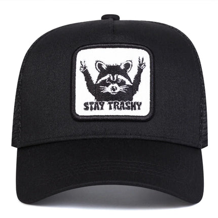 Unisex STAY TRASHY Raccoon Embroidery Baseball Net Caps Spring Summer Outdoor Adjustable Casual Hats Sunscreen Hat Sports Cap