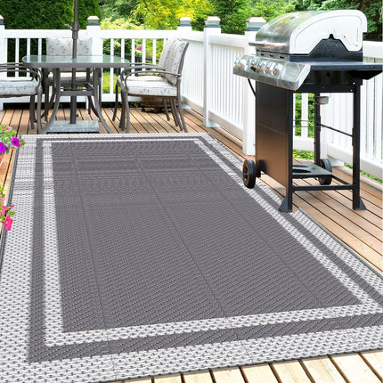 6' x 9' Outdoor Mat with Ground Pegs - Durable PP Material, Gray and White Grid Pattern, Perfect for Patio, Camping and Outdoor