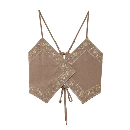 HH Women's Summer Sexy Sling Tops Light Brown V-Neck Sleeveless Embroidery Lace-Up Decoration Fashion Short Tops