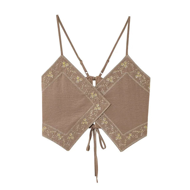 HH Female Summer Sexy Sling Tops Light Brown V-Neck Sleeveless Embroidery Lace-Up Decoration Women's Fashion Short Tops