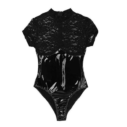 Women Sexy Lace Faux Leather Catsuit Latex Bodysuit Patchwork High Cut Bodysuit Clubwear Fetish Hot Erotic Pole Dance Lingerie