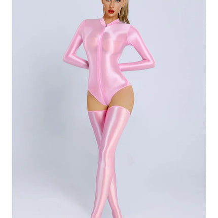 New Glossy Shiny Long Sleeve Swimsuit Zipper Crotch Bodysuit Tights Body Teddies Sukumizu High Elastic Leotard Unitard Tshirt