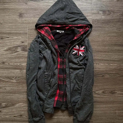 Retro flag print zipper double-layer cardigan hip-hop Harajuku classic style washed gray loose Y2k street trend men's and women'