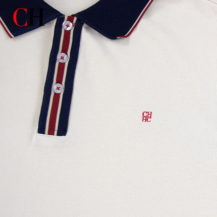 CH Men Multi Stripe Placket Short Sleeve Polo Shirt Tiny Red Embroidery Left Chest Old Money Quiet Luxury Coastal Vacation Wear