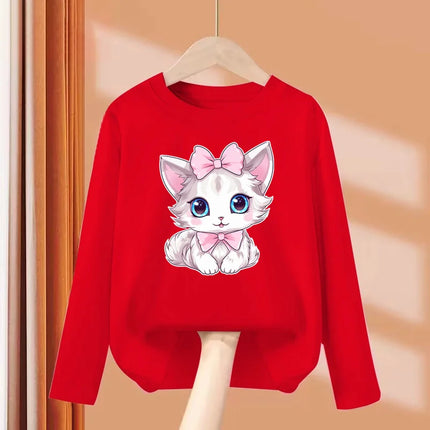 2024 Cute Bow Cat Dress Baby Girl Long Sleeved T-shirt Cartoon Kitty Cotton Tops Girls Spring Leisure Tees 3-14 Age