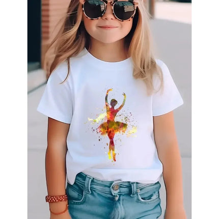 Summer Dancing Girl Pattern Print Children's Short Sleeved Shirt Kids Fashion Cotton T-shirt Girls Comfortable Leisure Tee Tops