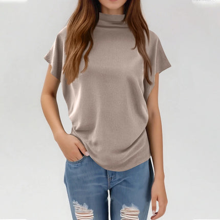 Women's New Trendy Fashion Solid Color Soft Turtleneck Top High-End Basic Daily Commute Thin Short-Sleeve Pleated Clothing