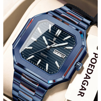 POEDAGAR Top Luxury Brand Men's Watch Waterproof Luminous Date Week Quartz Men's Watches Stainless Steel Fashion Square Men's Watch