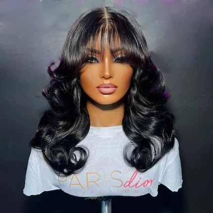 Ombre Brown With Bangs Colored 13x4 Synthetic Lace Frontal Wig Glueless Pre-Plucked Body Wave Wig For Women Daily Wear Cosplay